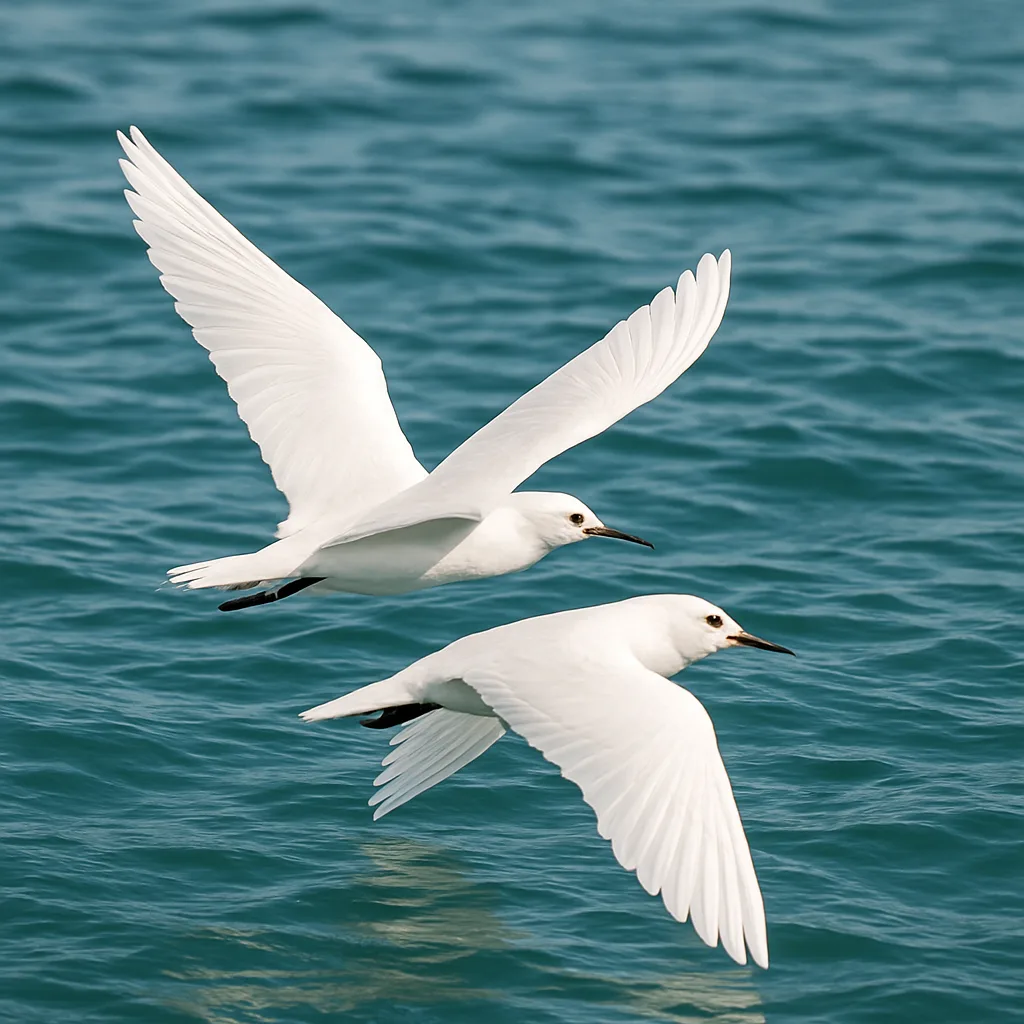 Two White Birds with Outstretched Wings Flying Low