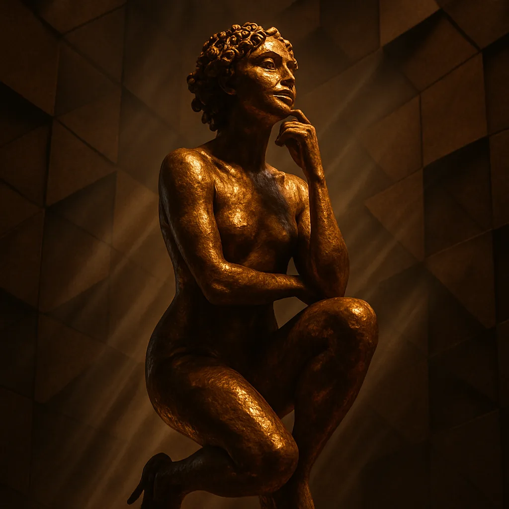 Sculptural Bronze-like Figure in Heels Gazes Thoughtfully