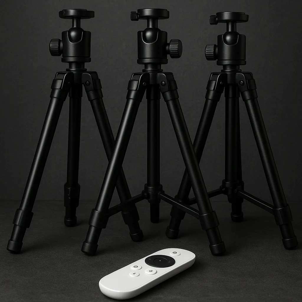 Three Matte Black Tripods Are Positioned in a Row