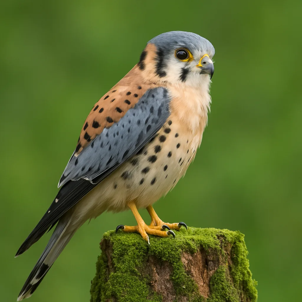 Perched American Kestrel on a Mossy Tree Stump