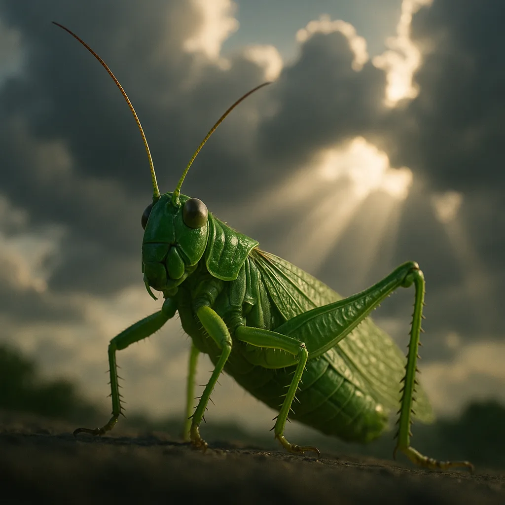 Single Vibrant Green Grasshopper—its Bulging Eyes Keenly
