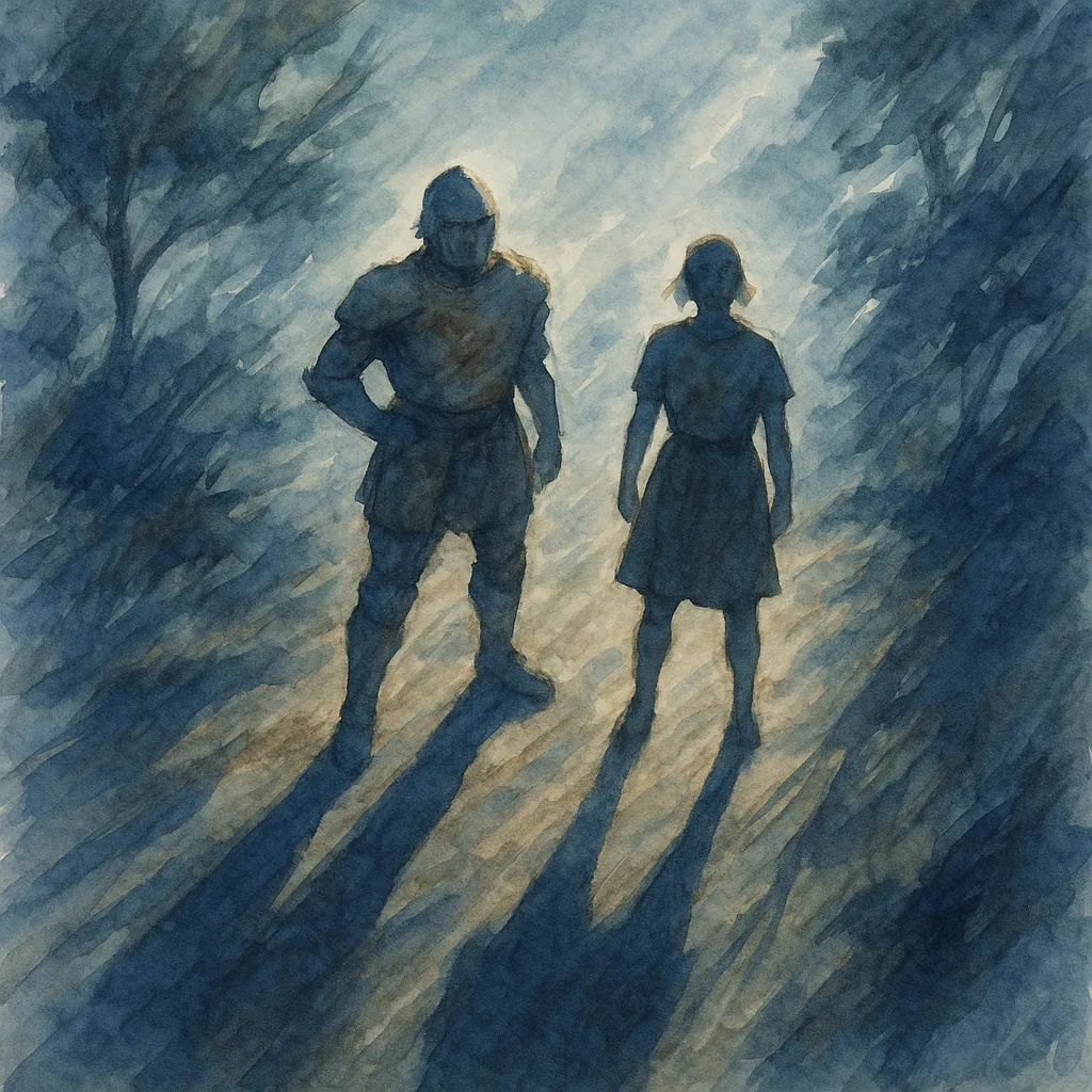 Figure in Soft Watercolor Earth-toned Attire and Leg Guards Stands