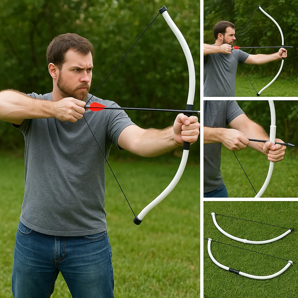 Man Outdoors Demonstrating the Use of PVC Pipe Bows