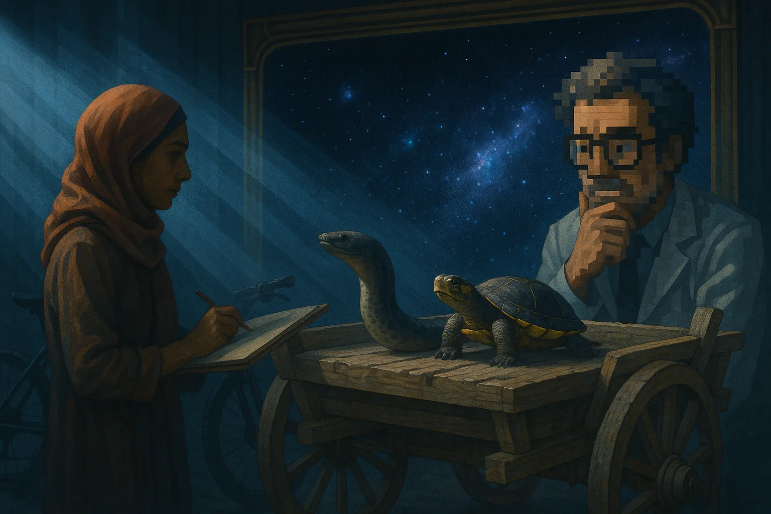 Headscarfed Artist and a Pensive Pixel-art Scientist Observe a Mottled