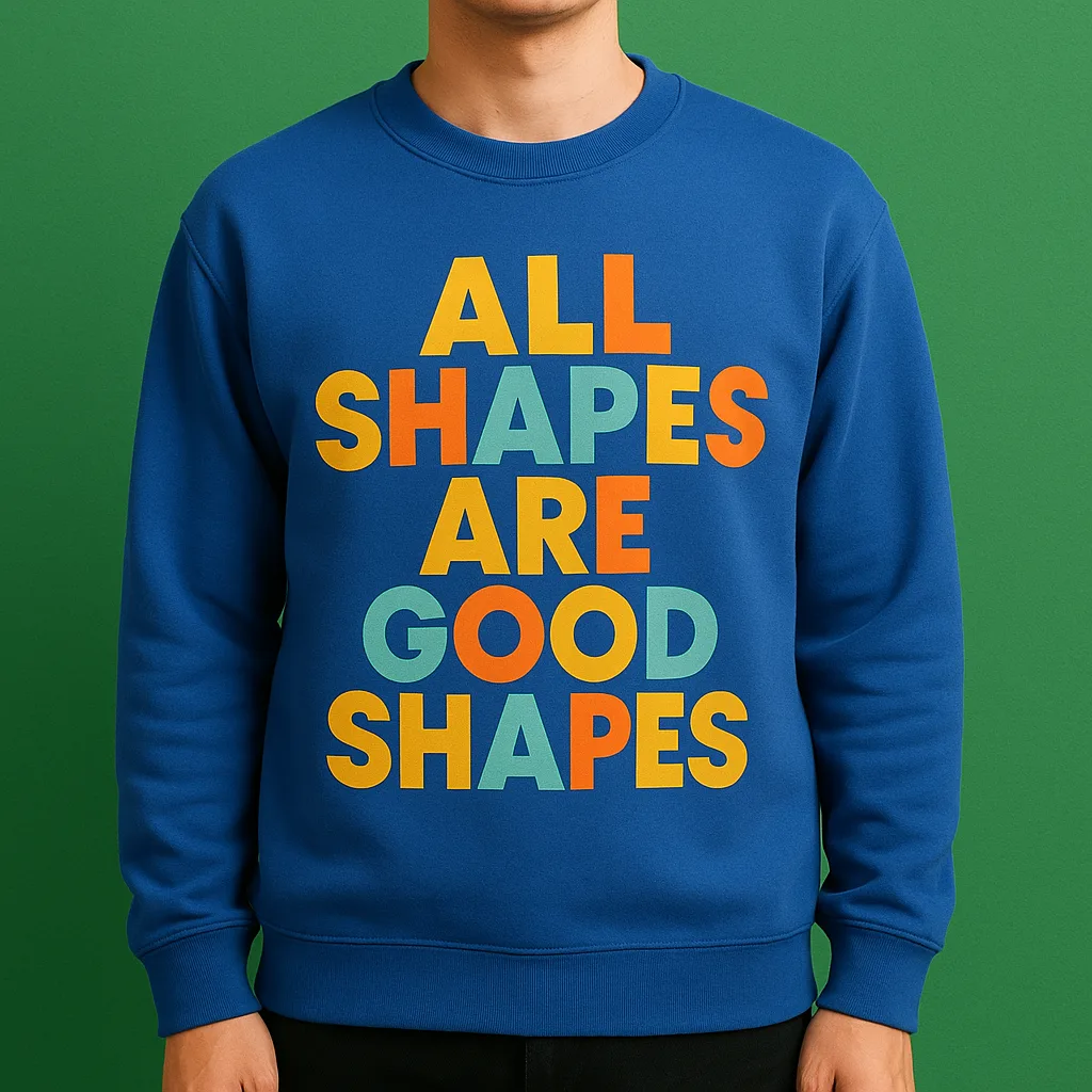 Person Wearing a Blue Sweatshirt with the Phrase "ALL SHAPES