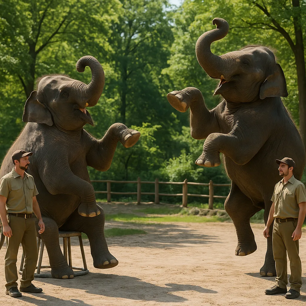 Two Elephants Perform Tricks Outdoors