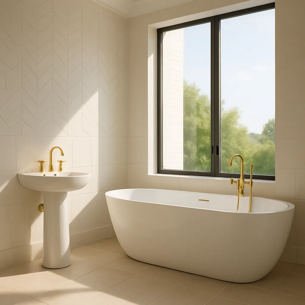 Contemporary Bathroom Features a Bright White Freestanding Tub