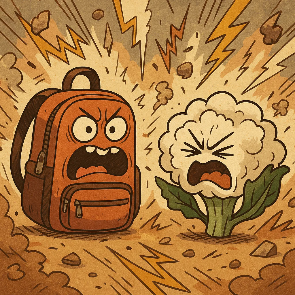 Erratic Animated Sequence Highlighting a Backpack Alongside a Cauliflower