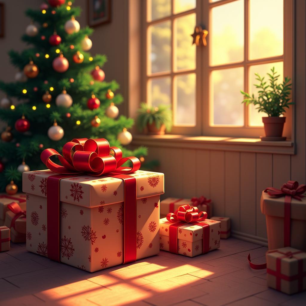Wrapped Present Beside a Cozy Anime Tree