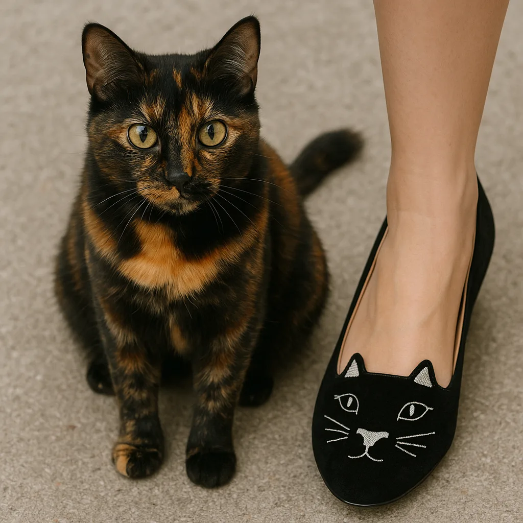 Tortoiseshell Cat Standing Beside a Person's Foot Wearing Black Shoes