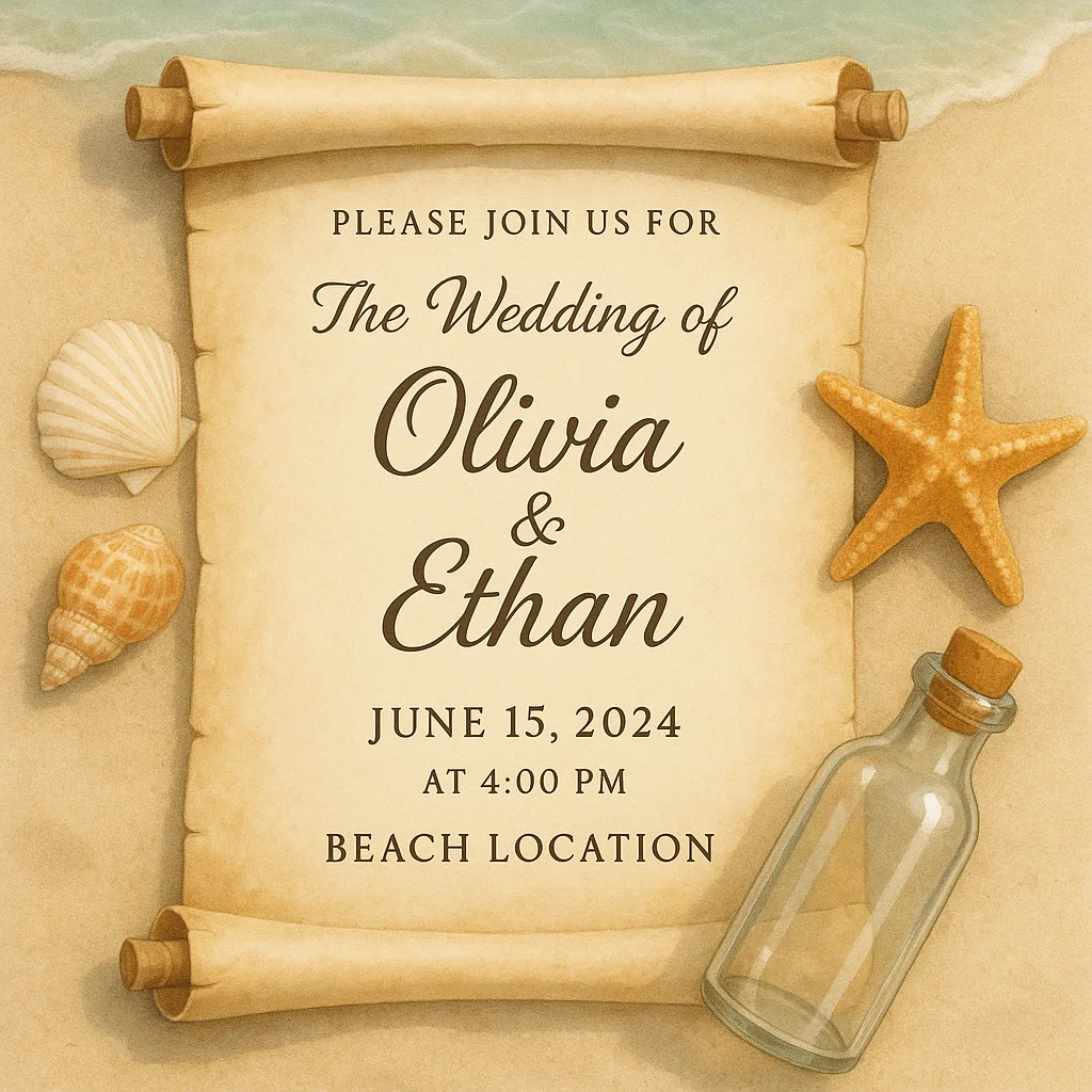 Wedding Invitation Designed with a Beach Theme Featuring a Scroll