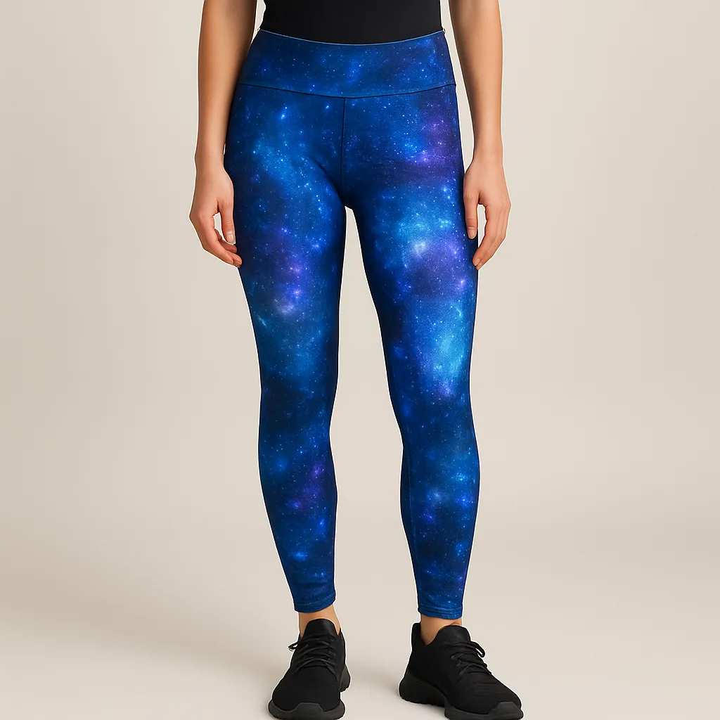 Woman Wearing Galaxy-themed Blue Leggings Paired with Black Sneakers