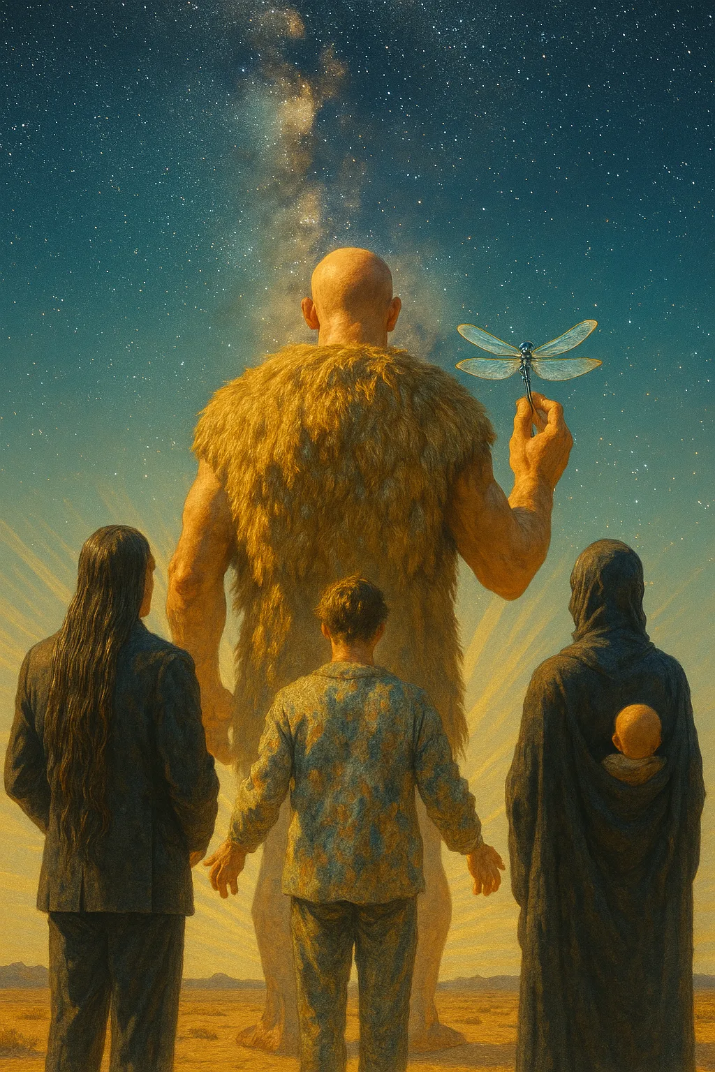 Bare-headed Giant Hero Clad in a Luxurious Fur Garment Examines
