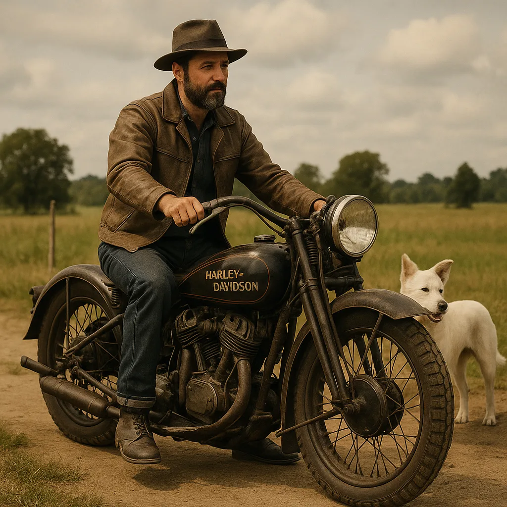 Man Sitting on a Vintage Harley Davidson Motorcycle