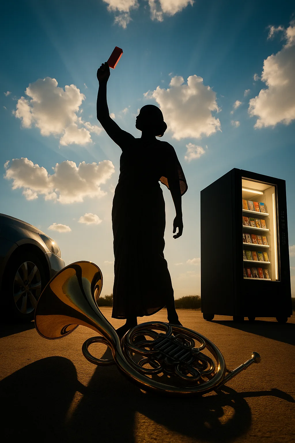 Towering Silhouette of a Gracefully Fluid Person in a Traditional