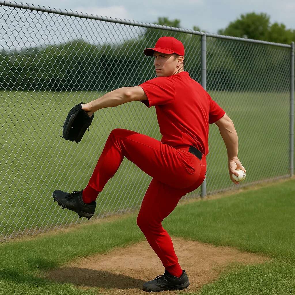 Baseball Player in a Red Uniform Practices