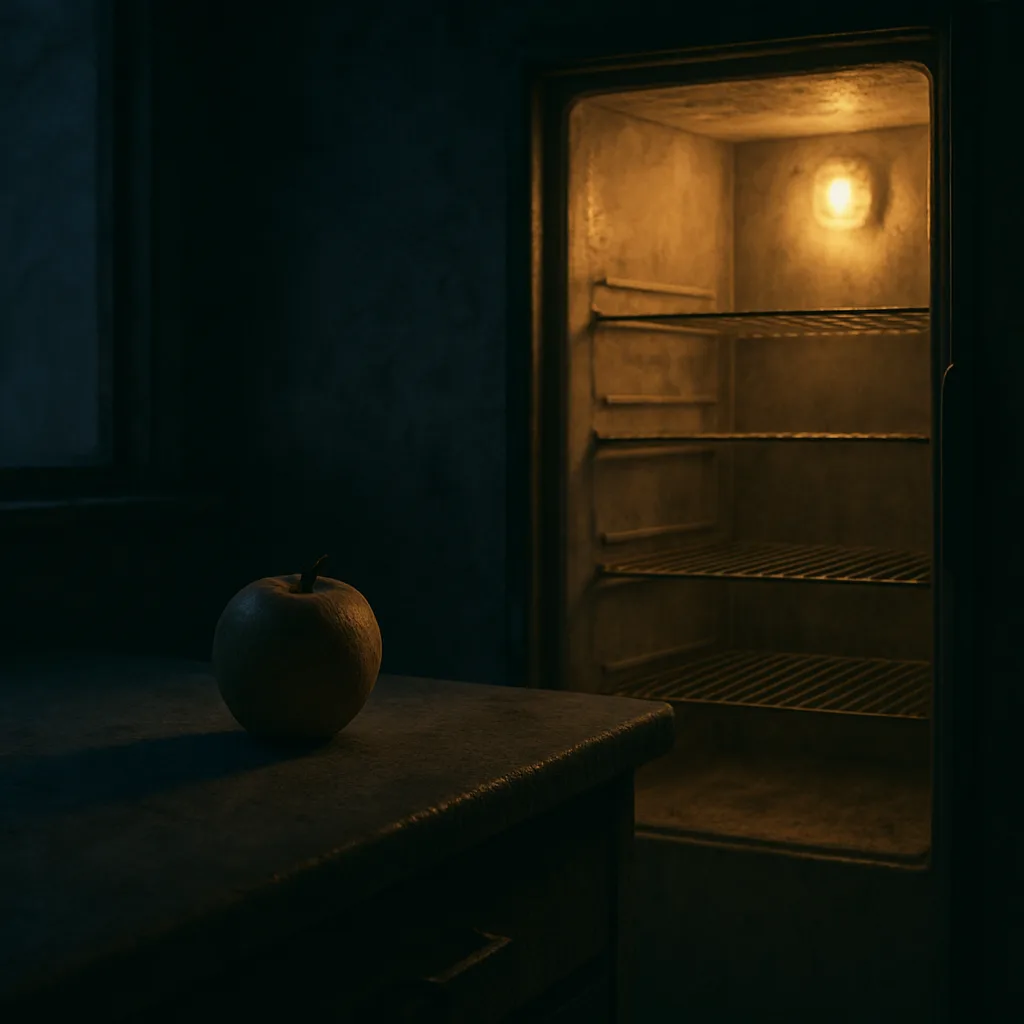 Abandoned Apple Rests Solo on a Dusty Countertop