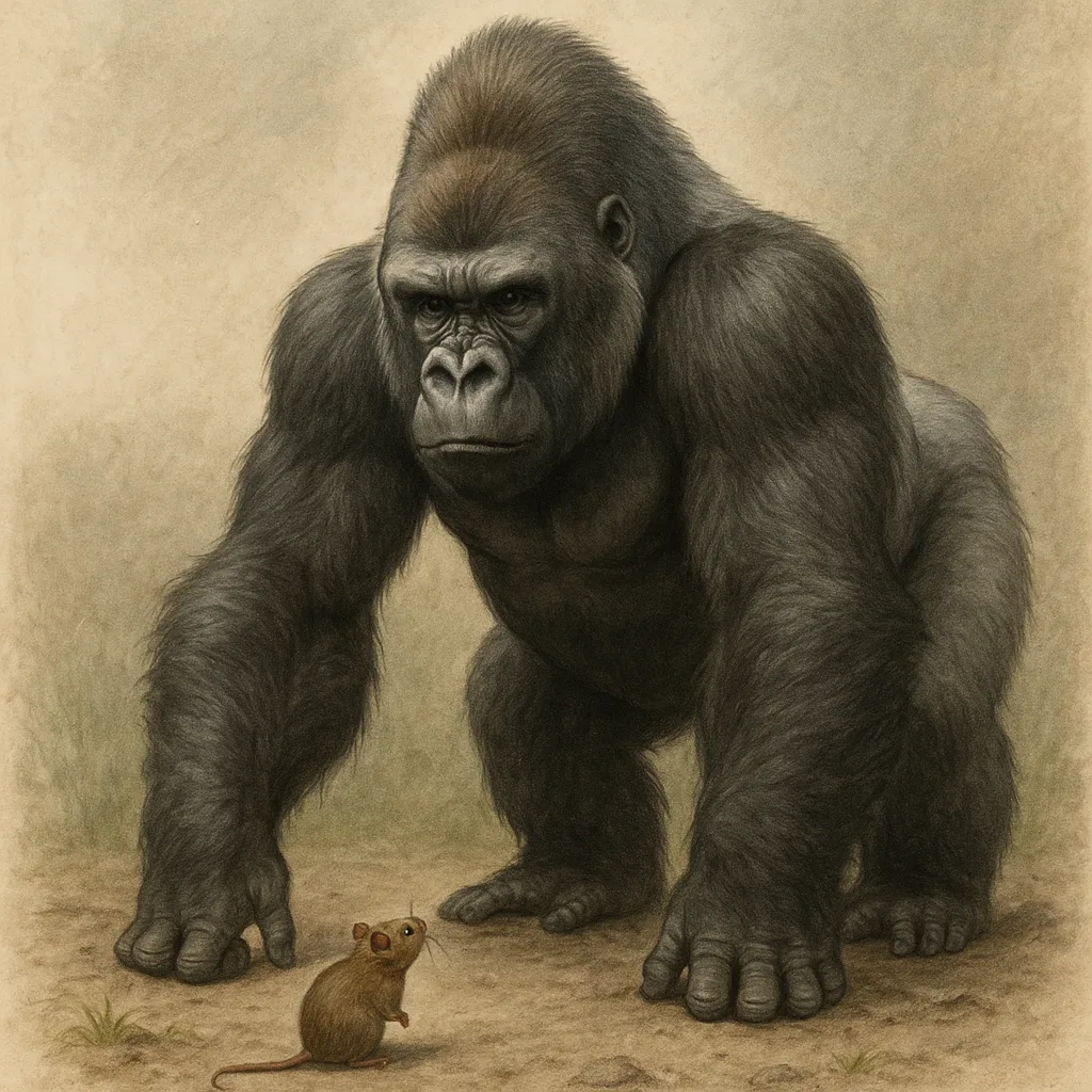 Towering Silverback Gorilla Standing Impressively Tall Beside a Diminutive