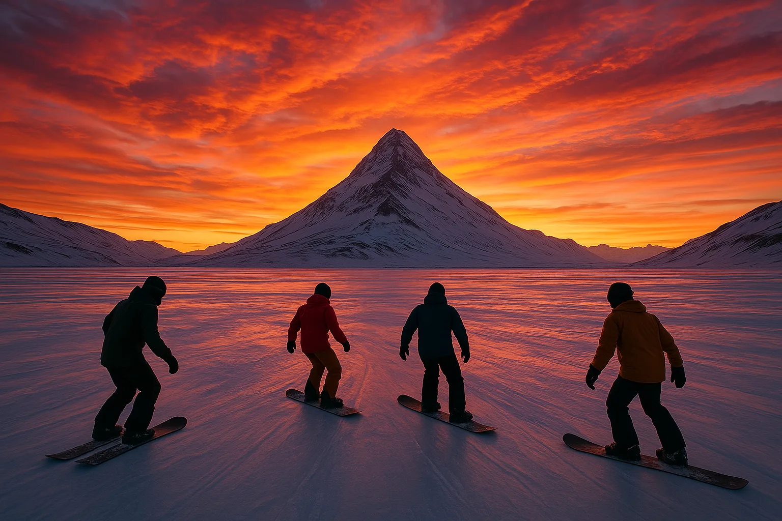 Team of Snowboarders Cruising Across an Expansive Icy Landscape
