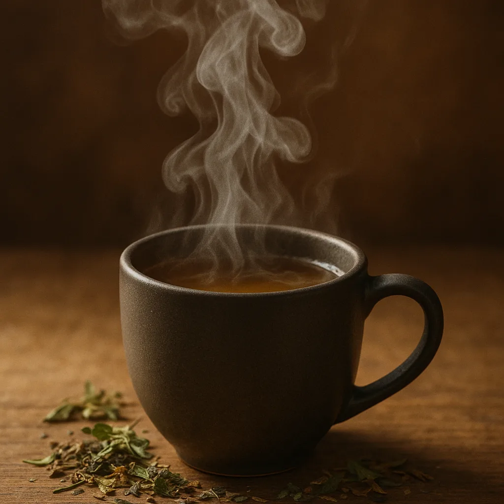 Hot Cup of Herbal Tea Emitting Thin Trails of Steam