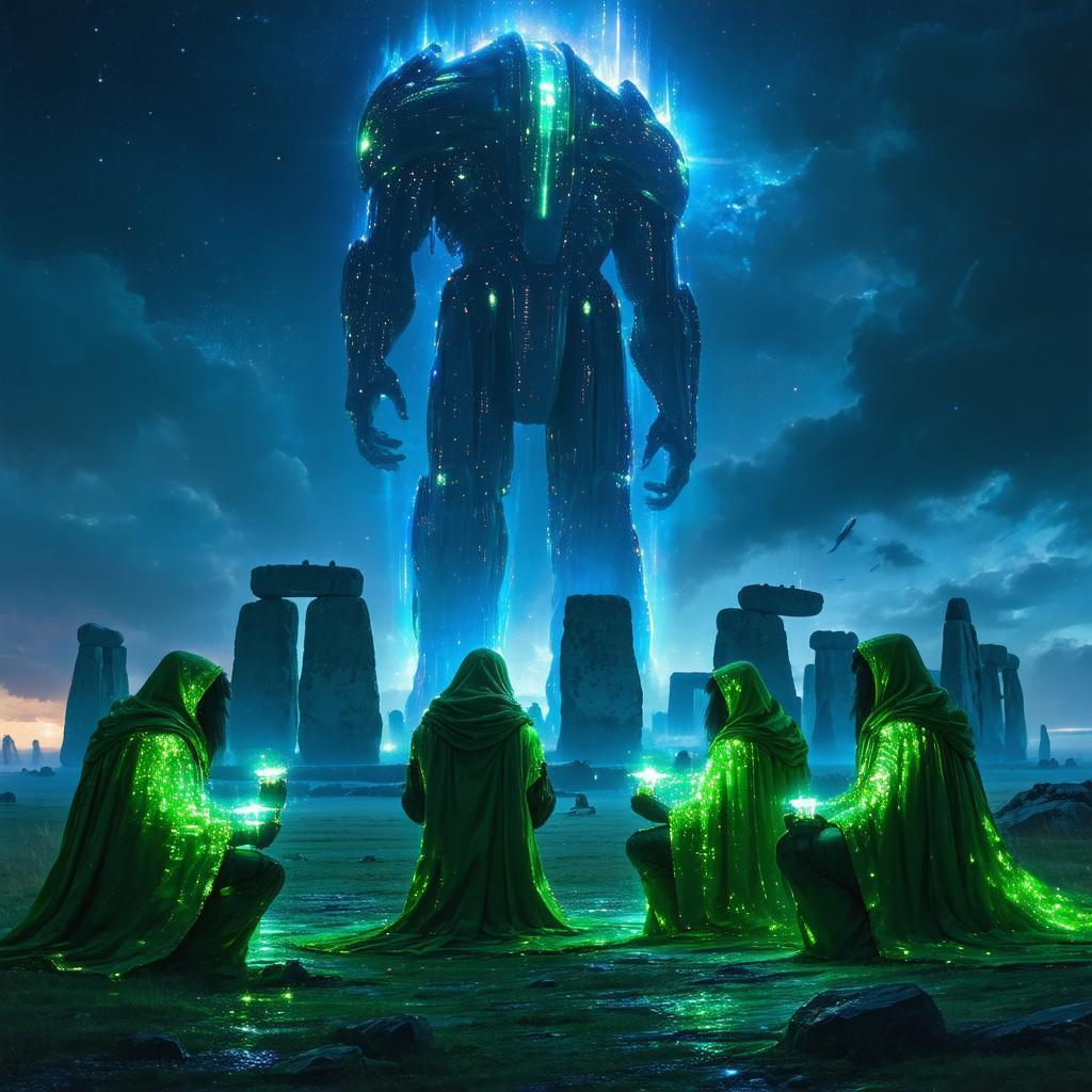 Druids Kneeling to an Alien at Stonehenge