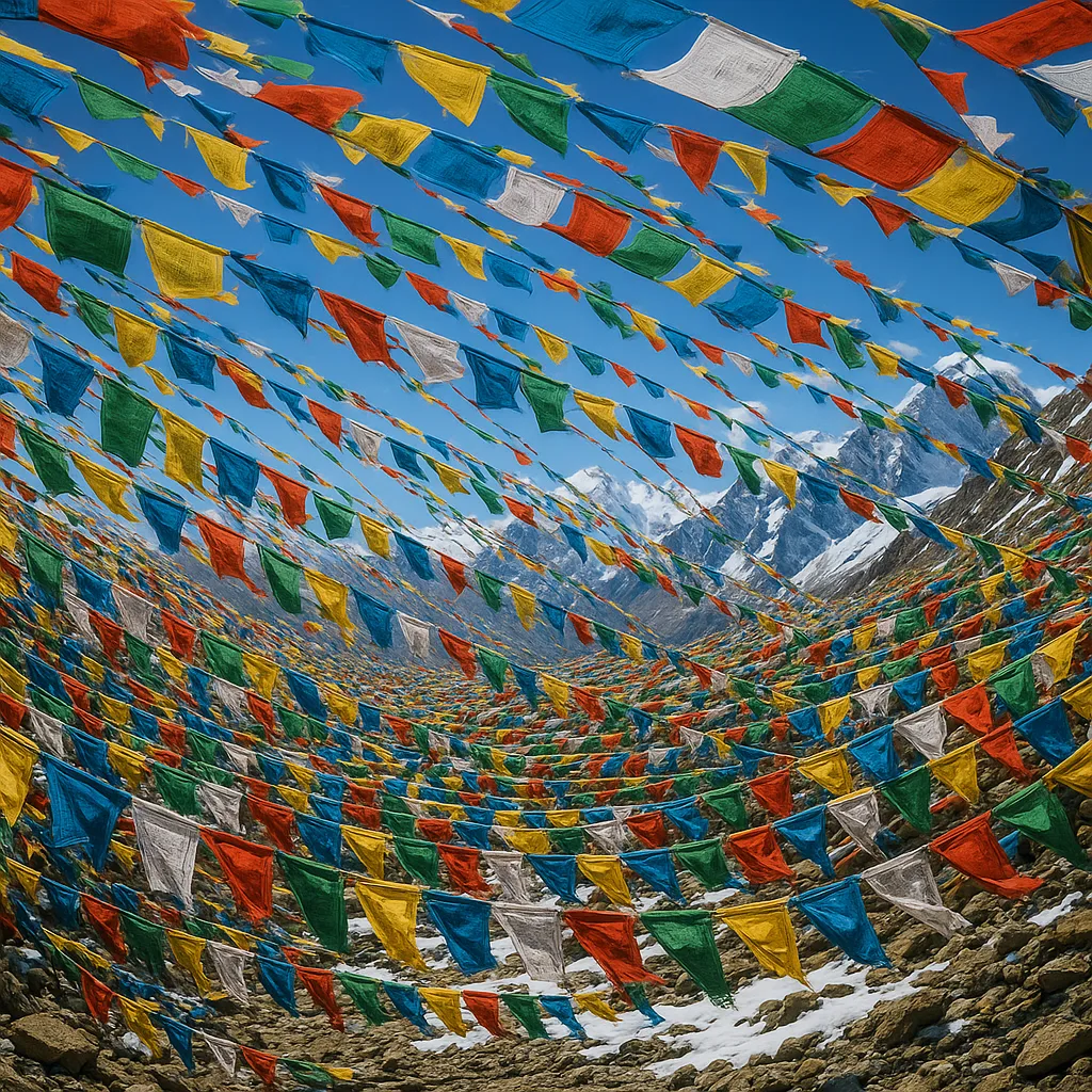 Countless Prayer Flags Flutter in the Wind Across a Remote