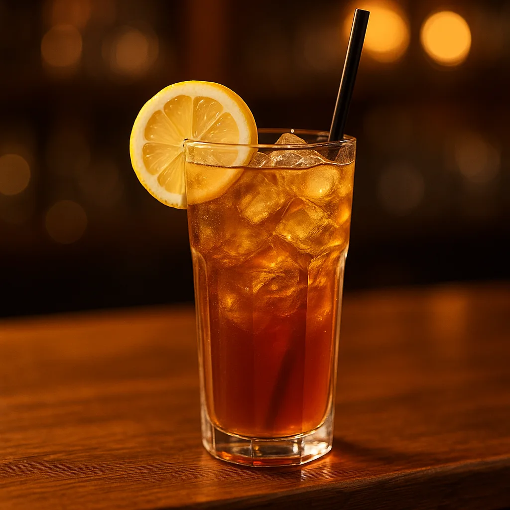 Chilled Long Island Iced Tea Cocktail Garnished with a Lemon