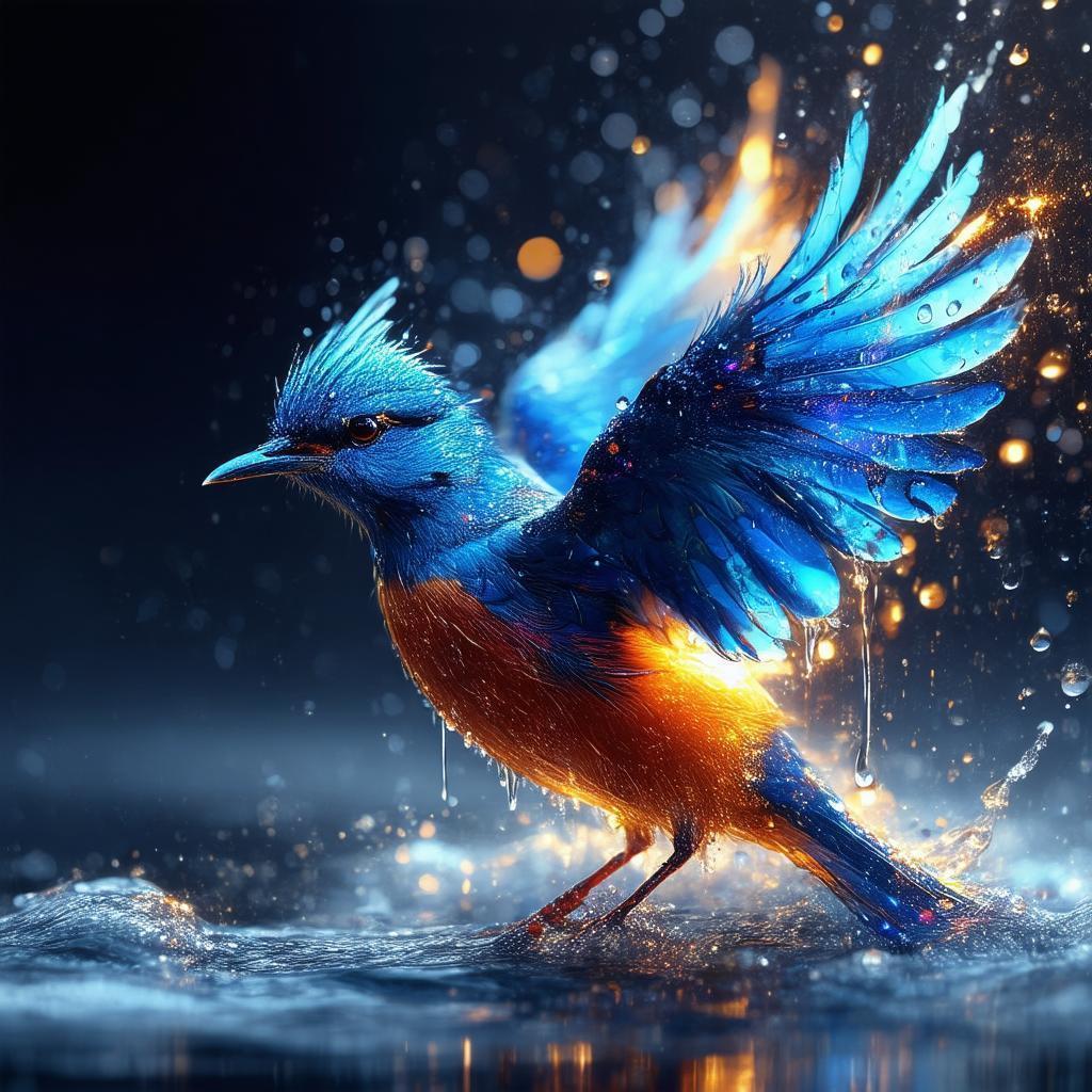 Iridescent Digital Bird Amid Glowing Droplets
