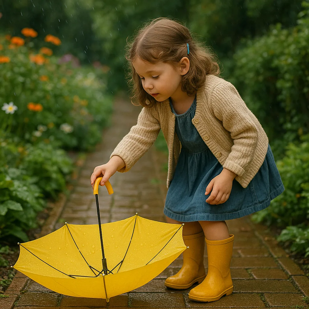 Little Girl Reaching for a Vibrant Yellow Umbrella