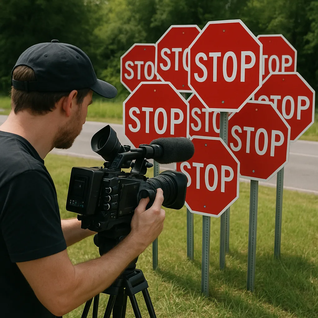 Camera Operator Films an Installation of Multiple Stop Signs