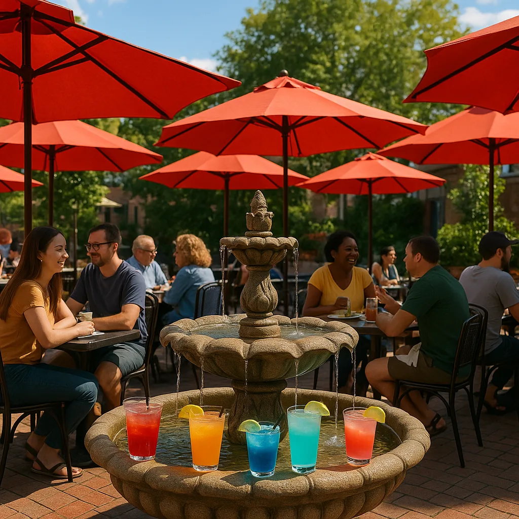 Lively Outdoor Patio Scene with People Dining under Red Umbrellas
