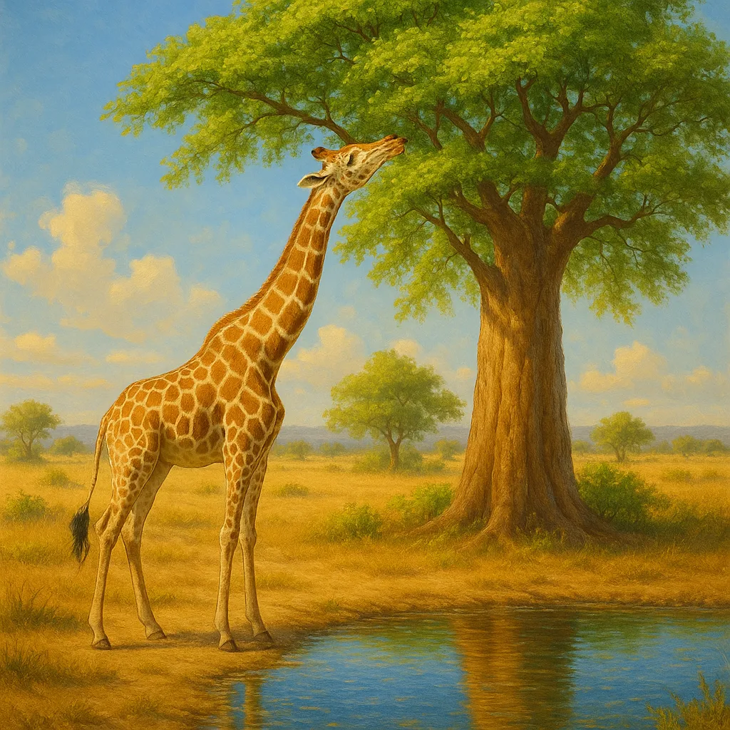 Majestic Giraffe Stands Beside a Glistening Water Hole