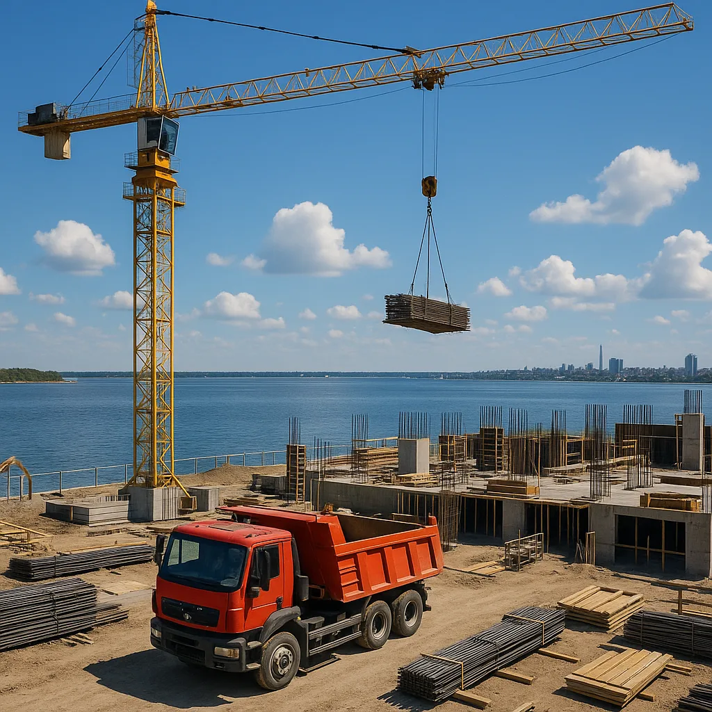 Construction Site Beside a Waterfront with a Crane Lifting Materials