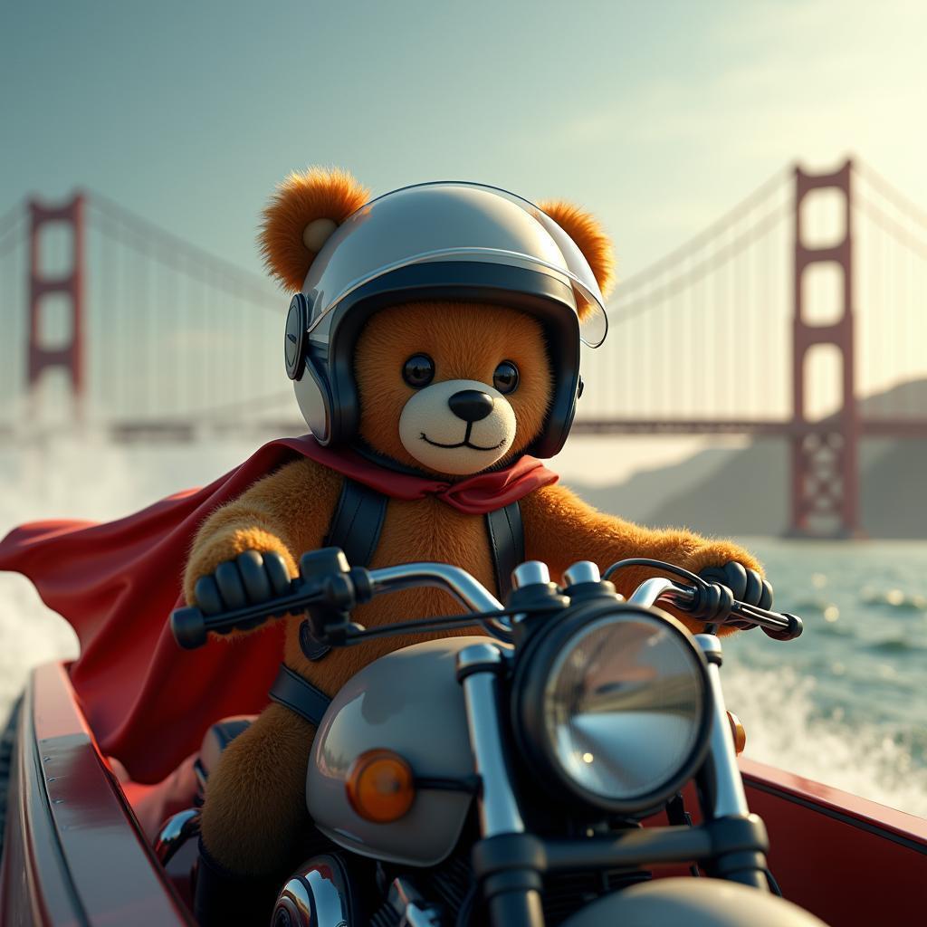 Caped Teddy Bear Speeding Past Golden Gate