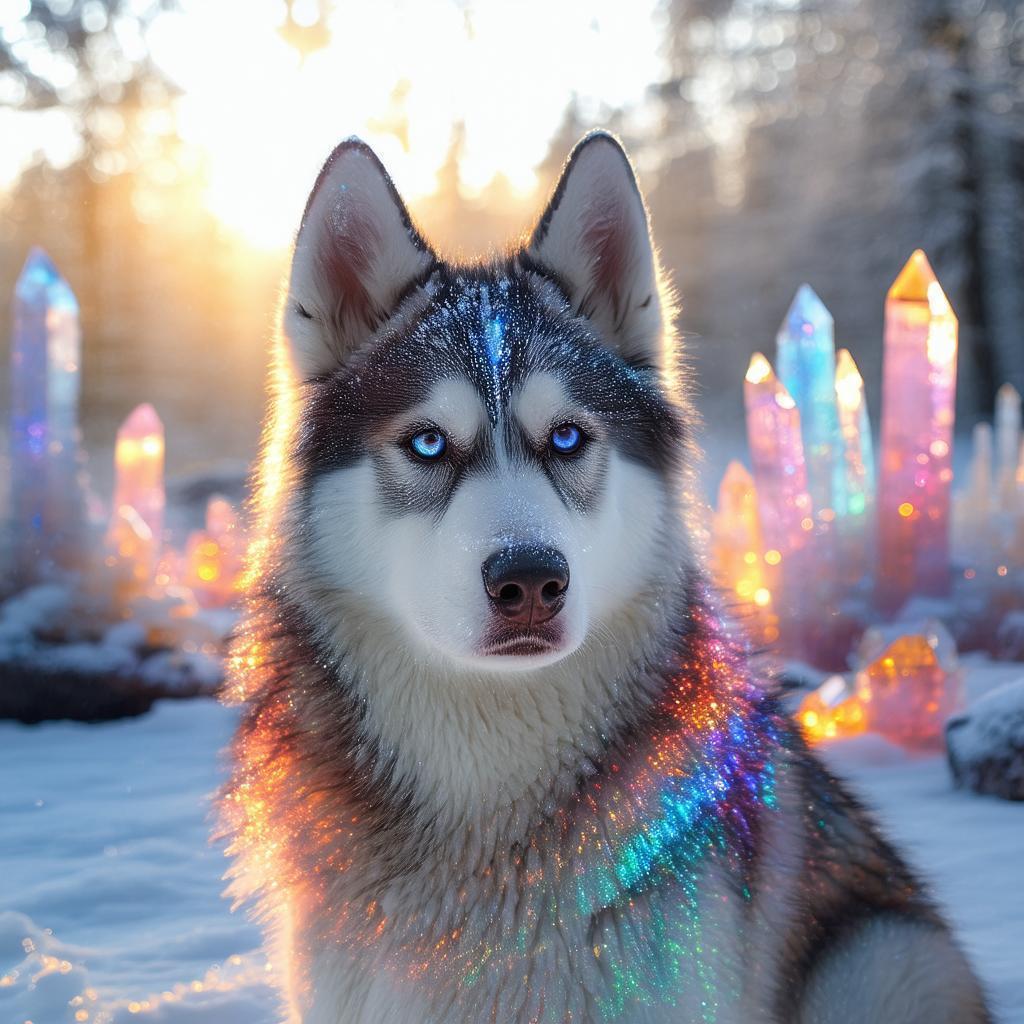 Mystical Husky Amid Glowing Snow Crystals