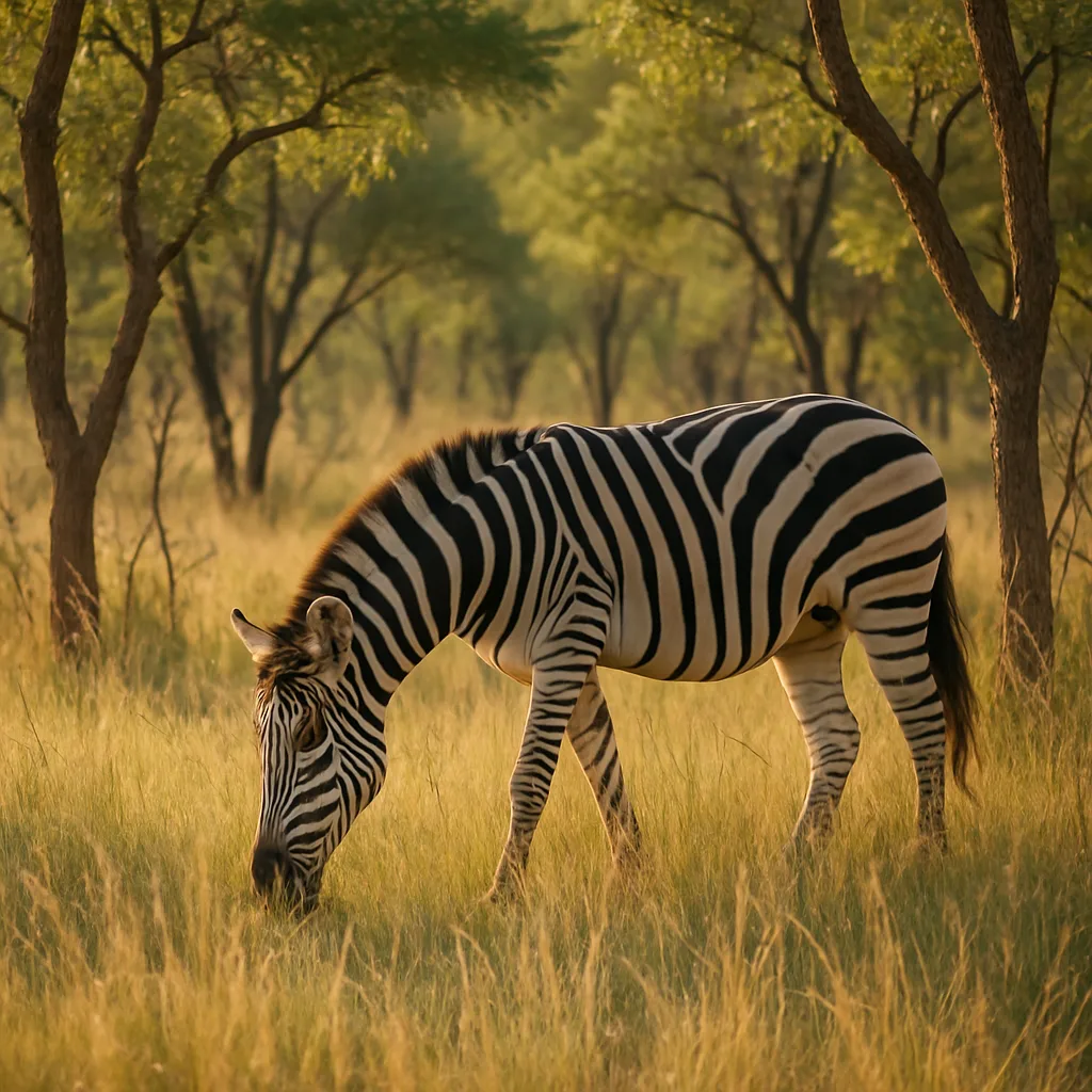 Zebra Feeds on the Tall Grass Around It