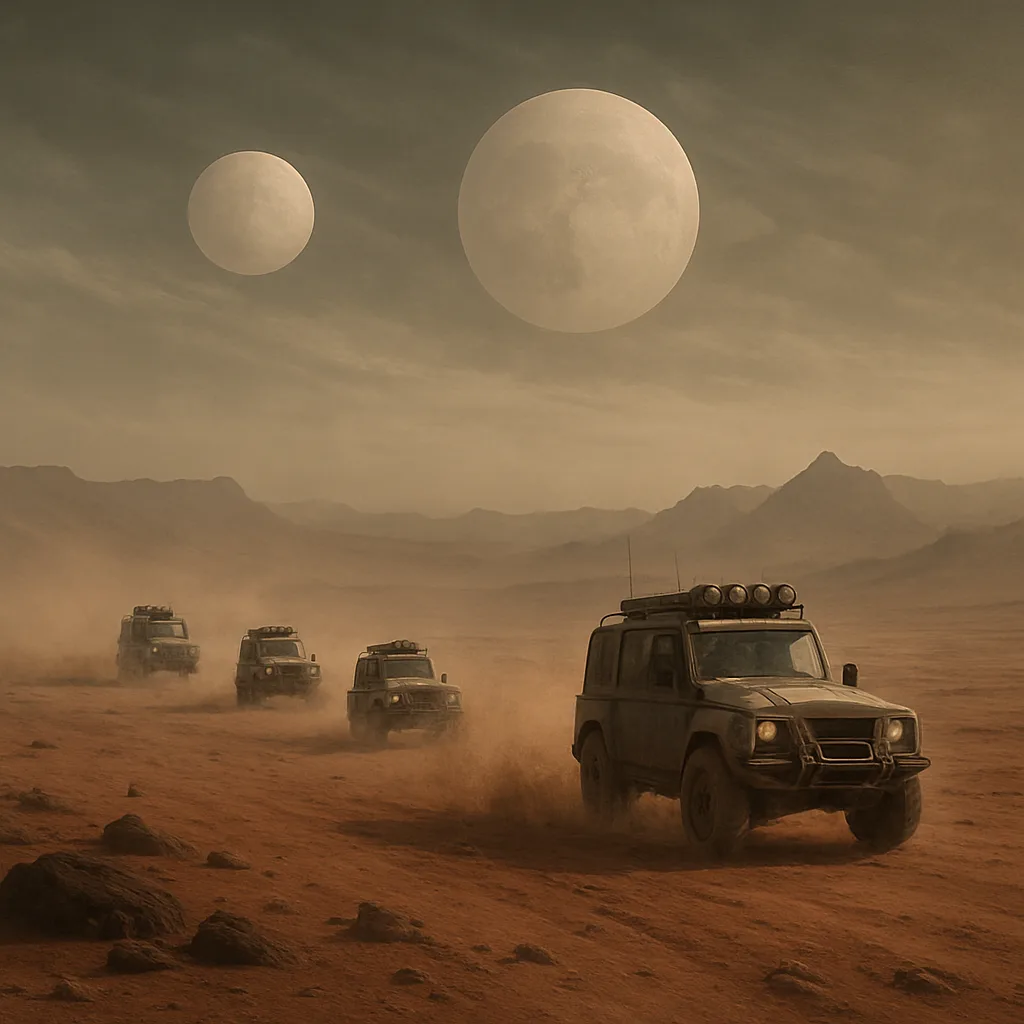Small Convoy of Rugged Vehicles Kicks Up Plumes of Dust