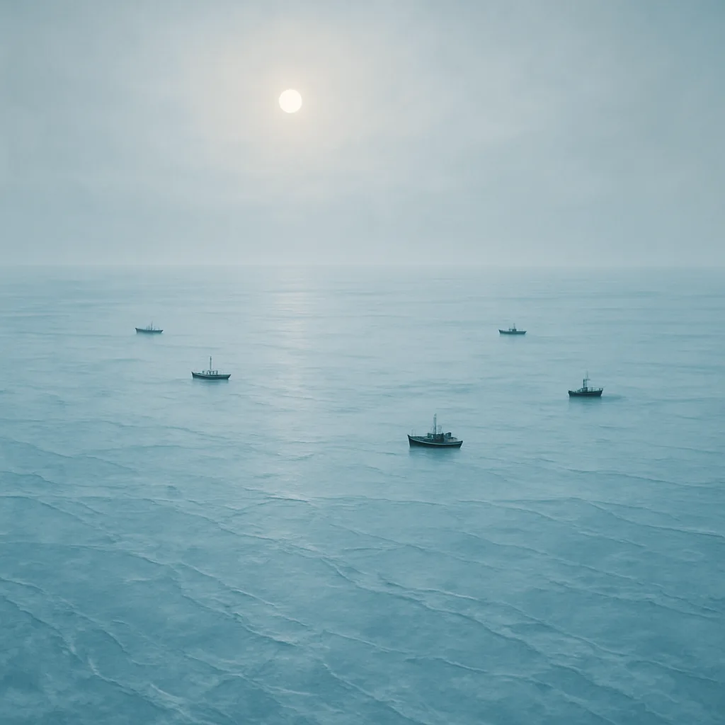 Several Tiny Fishing Boats Are Barely Visible Against the Immense