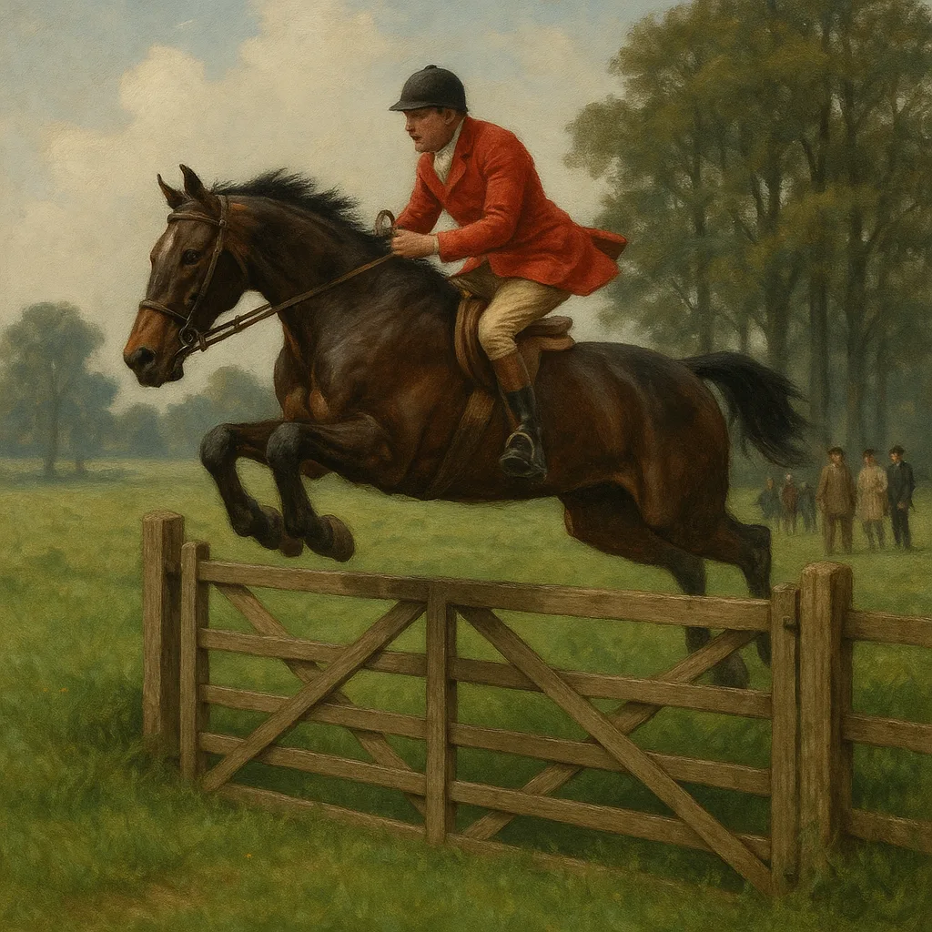 Horse Carrying a Rider Jumps over a Wooden Gate