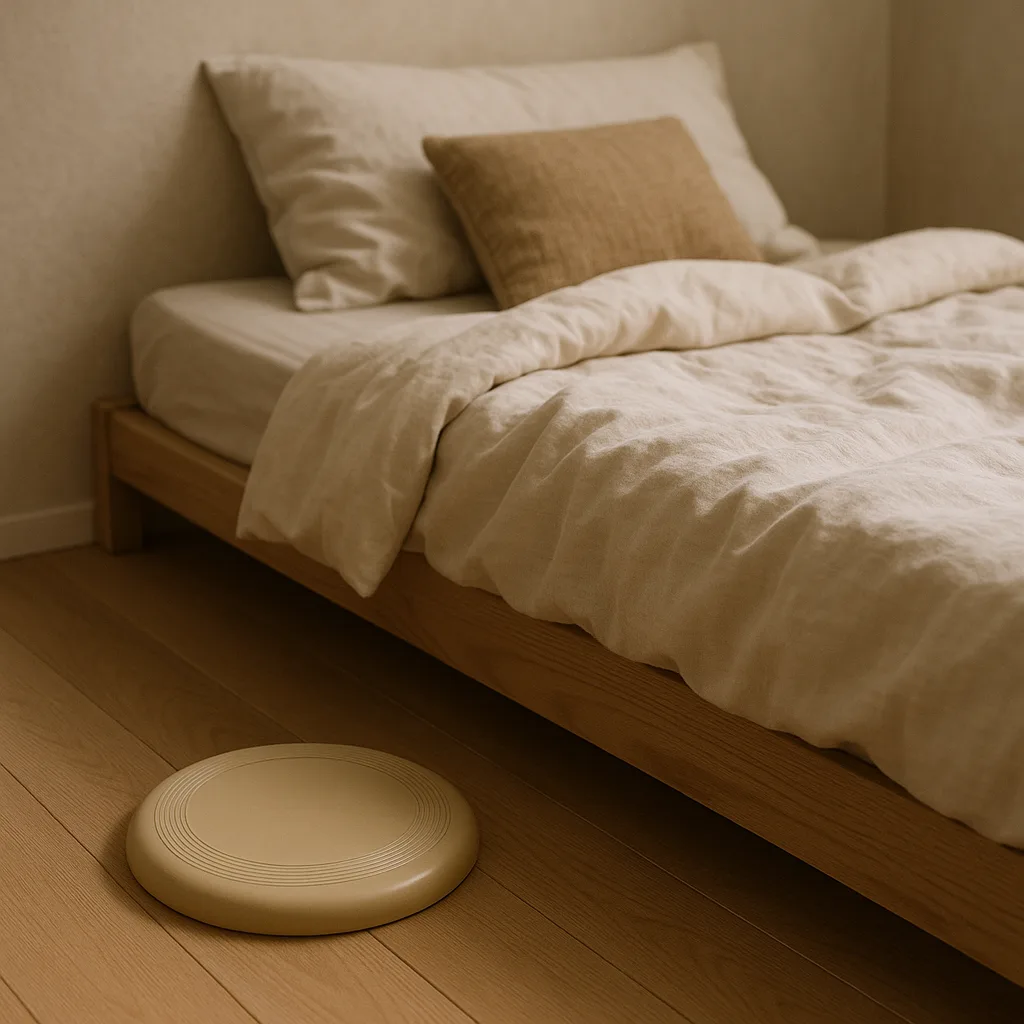 Frisbee Positioned on the Left Side of a Comfortable