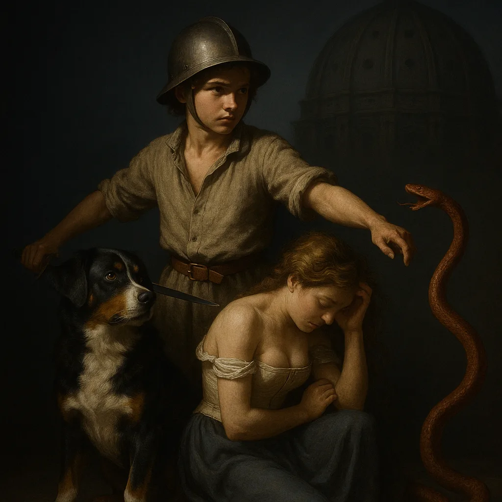 Young Rebel in Linen and Helmet with their Watchful Jet-black