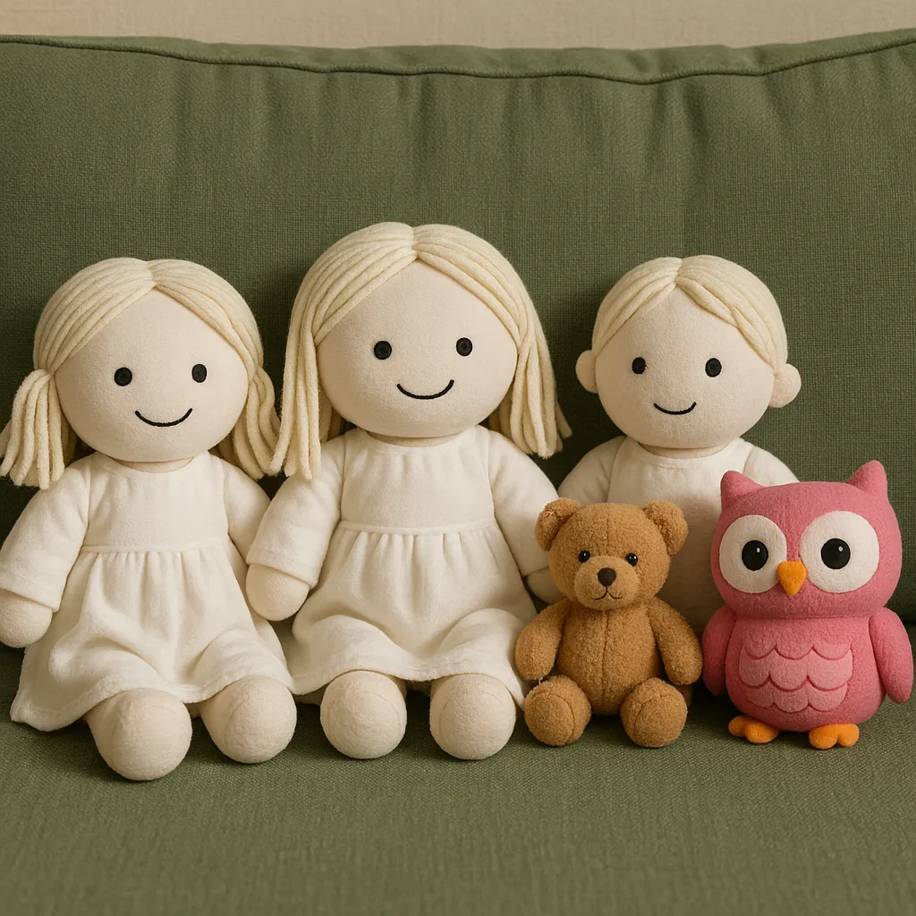 Stuffed Toys Including Three White Dolls on a Green Couch