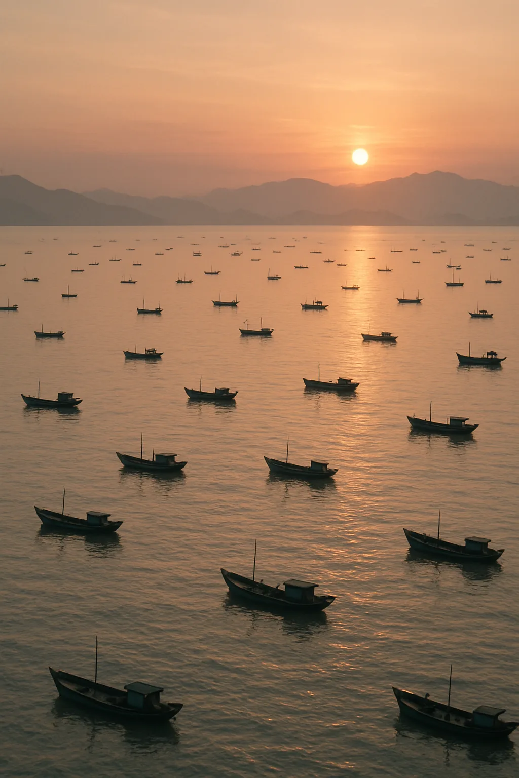 Numerous Tiny Fishing Boats Are Scattered Across an Immense