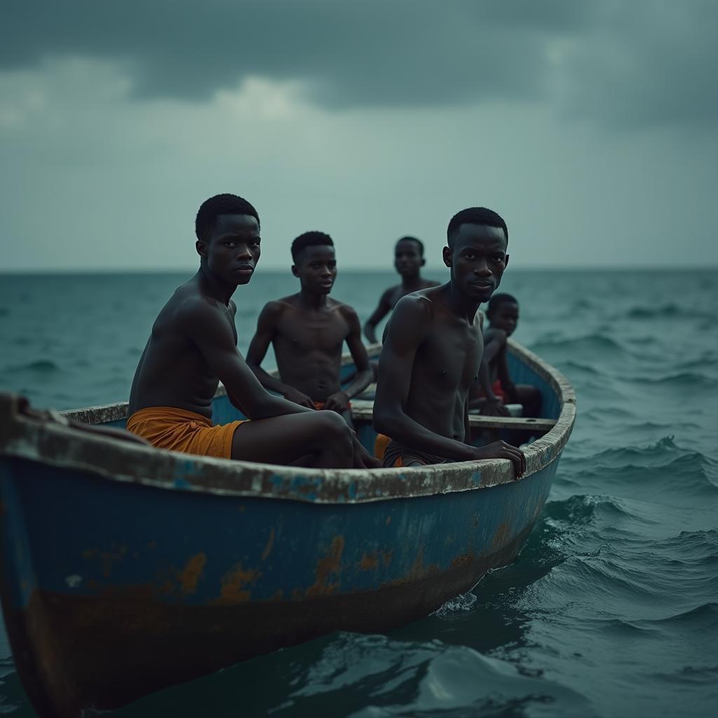 Determined Youth Crossing Stormy Seas by Boat