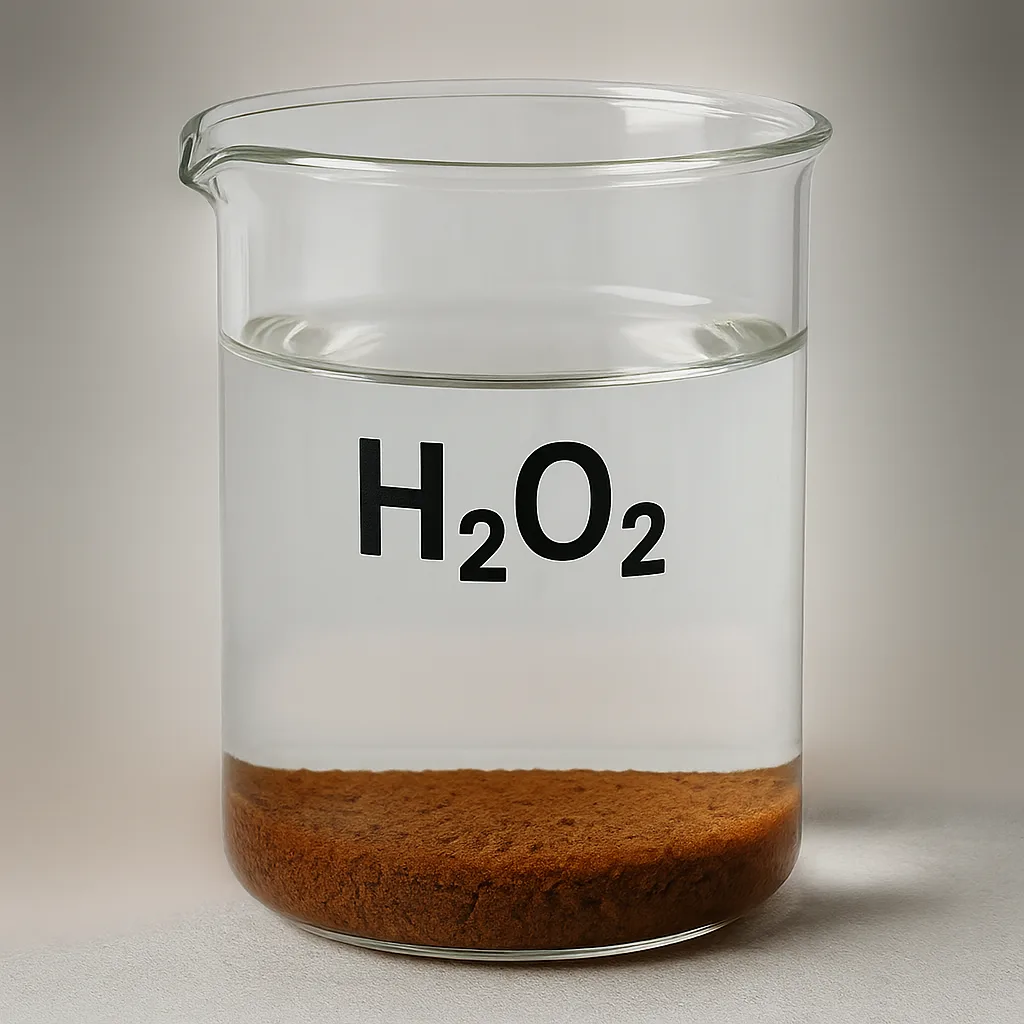 Transparent Beaker Labeled "H2O2" Contains a Settled Brown Solid