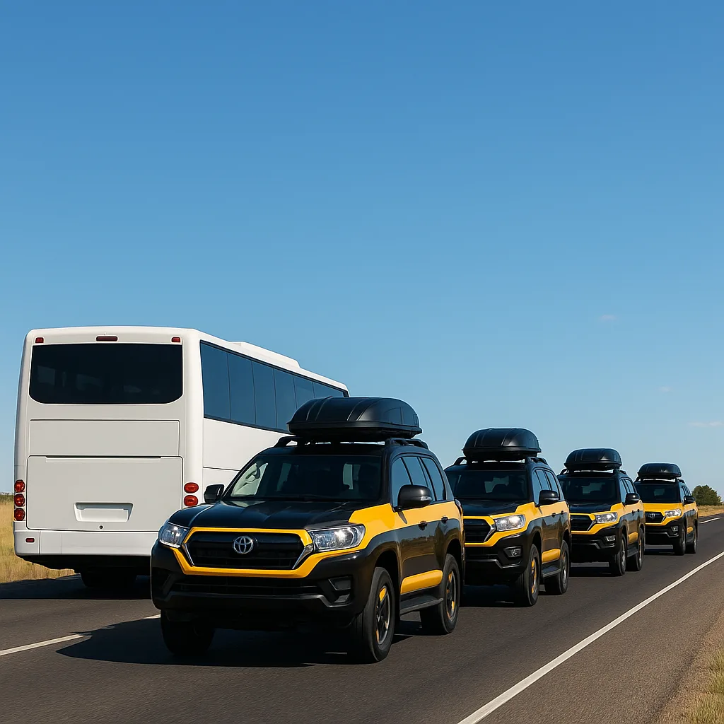 Convoy of Black and Yellow SUVs with Rooftop Luggage Driving