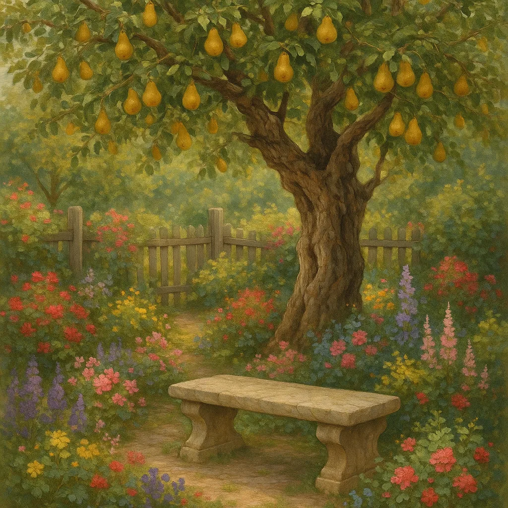 Enchanting Garden Scene Highlights an Old Pear Tree