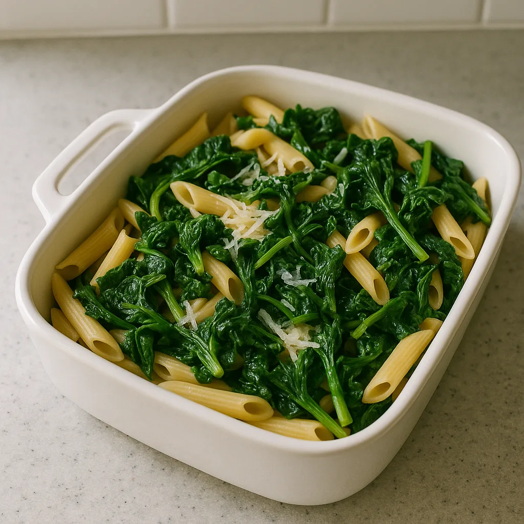 White Casserole Dish Filled with Cooked Pasta