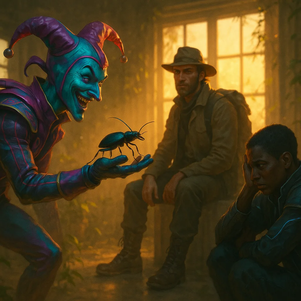 Cyberpunk Jester of Unnatural Hue Dramatically Brandishes a Ground Beetle