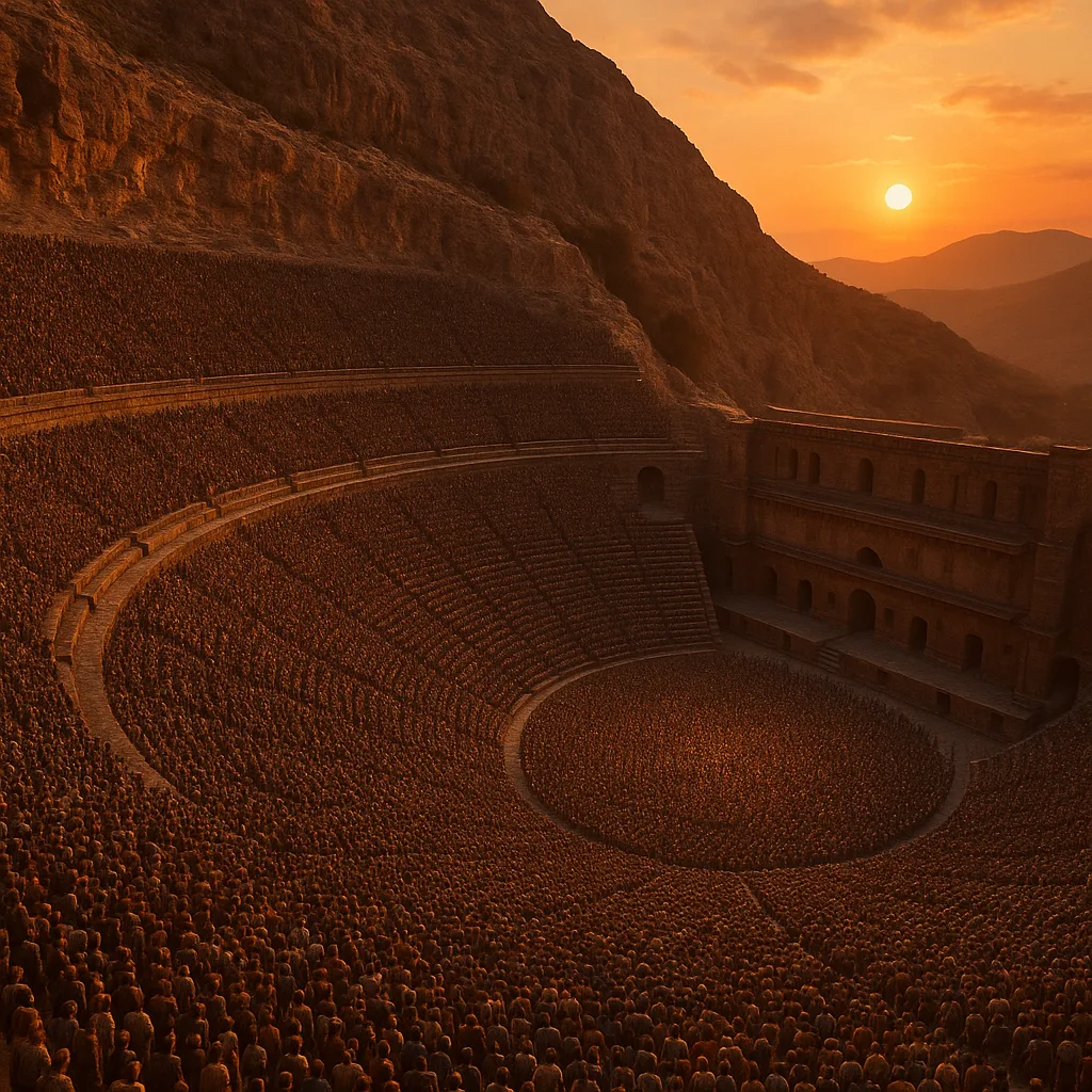 Dense Crowd of Minuscule Figures Populates a Colossal Ancient Amphitheater